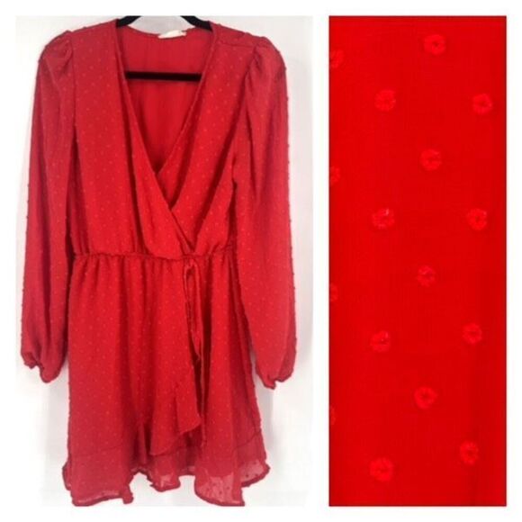 Altar’d State Faux Wrap Surplice Swiss Dot Red Ruffle Dress Knee Length Large - Picture 1 of 11